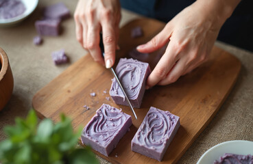 Woman cuts handmade purple lavender soap on wooden board. Home hobby soapmaking process. Natural skincare organic beauty treatment. Gift idea for aromatherapy and wellness handcraft spa studio.