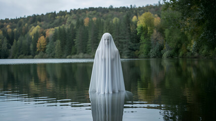 Eerie shrouded figure standing in dark lake water with forest