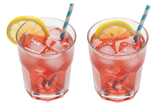 Two identical highball glasses of heavily frosted pink lemonade, hyperdetailed fractured ice and lemon garnish, high-angle overhead shot against a transparent background. Extreme summer refreshment