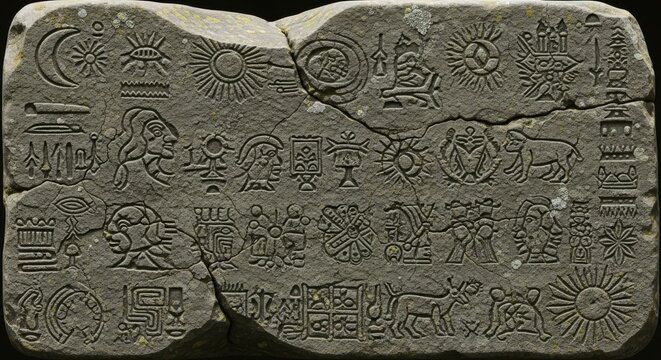 Ancient stone tablet with mysterious carvings and symbols evoking history and intrigue for educational content or historical design projects