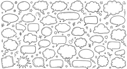 Fototapeta premium Hand drawn speech bubbles and thought bubbles in doodle style black and white