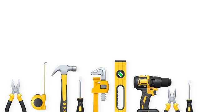 Assorted hand tools like pliers, tape measure, hammer, and drill isolated on white background with clipping path, concept of DIY