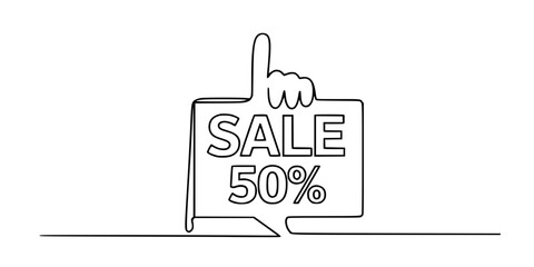 Line Drawing of "SALE 50%" Speech Bubble with Pointing Hand, Discount Offer Vector