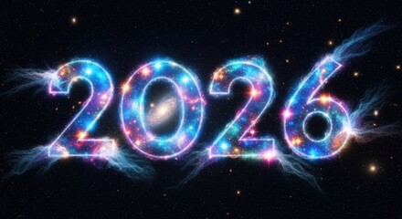 Cosmic 2026 New Year's Eve Celebration with Galaxy Sparkle Design for Future-Forward Celebrations and Stunning Event Backdrops or Modern Digital Greetings