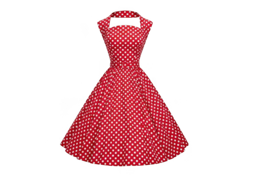 Vibrant red polka dot vintage style dress isolated on transparent background - Powered by Adobe