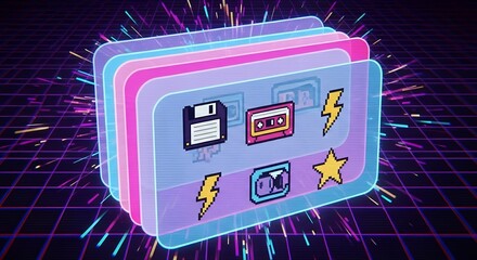 Retro 80s Neon Style Glassmorphism UI with Pixel Art Icons