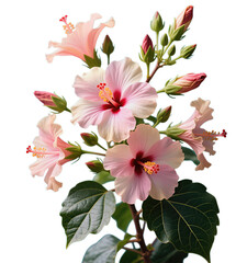 Obraz premium Delicate Pink Hibiscus Flowers with Green Leaves and Buds