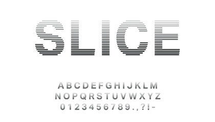 Sliced line font with horizontal cuts on modern letters