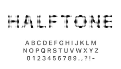 Halftone dot alphabet and number font on white background