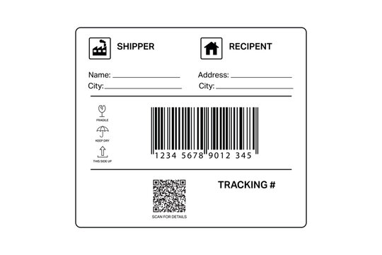 Shipping label template with barcode, QR code and care icons