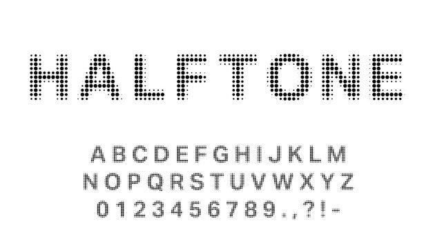 Halftone dot alphabet and number font on white background