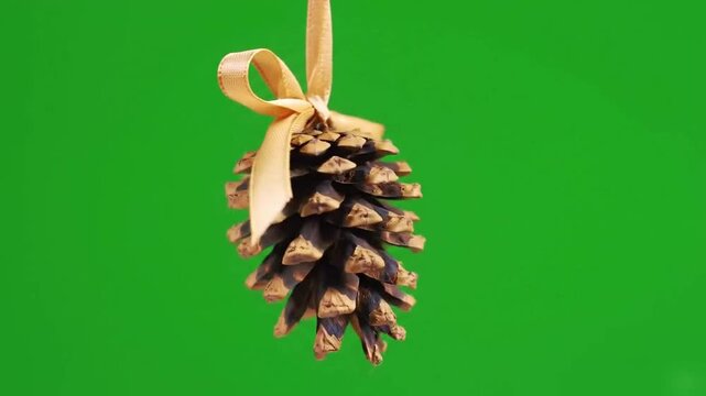 single pinecone tied with ribbon floating and rotating on green screen slow elegant loop for seasonal use
