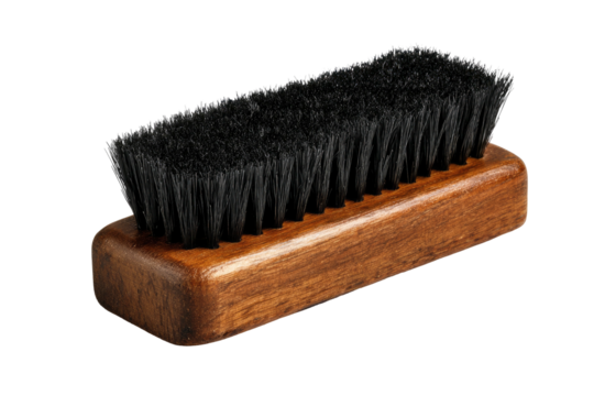 Shoe brush wood base, dark bristles, close-up