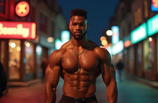 Shirtless muscular man poses in city street at night. Fitness model shows his athletic body and abs. Confident guy looks to camera. Urban lifestyle fitness workout concept. Strong physique and biceps.