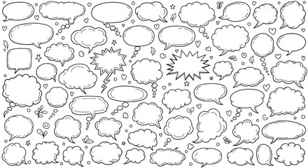 Fototapeta premium Collection of hand drawn speech bubbles and thought bubbles in black and white