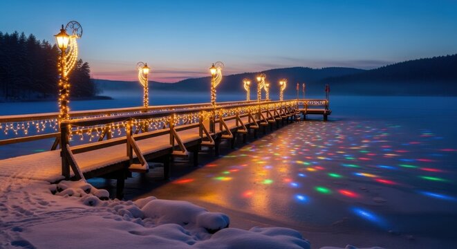 Enchanting winter wonderland scene with illuminated pier and colorful reflections on frozen lake under a twilight sky perfect for holiday magic