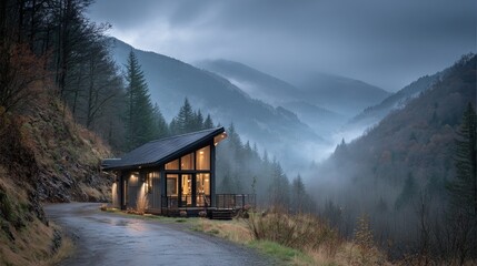 Modern tiny house nestled in misty mountain valley surrounded by lush green hills soft morning fog cozy minimalist cabin escape nature retreat travel and vacation background