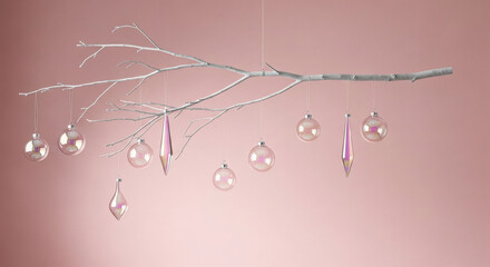 Elegant pearlescent ornaments hanging from a silver branch, perfect for holiday designs and festive promotions with a touch of modern charm and understated luxury