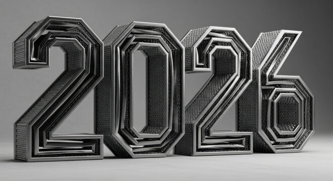 Stunning 2026 metal art, a modern design element for your futuristic projects, great for celebrating the new year or promoting tech events in style - Powered by Adobe
