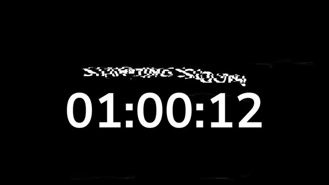 Modern starting soon glitch animation frame with a digital timer display on a black background