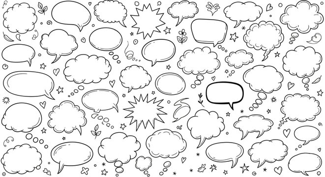 Hand drawn speech bubbles and thought bubbles in a doodle style illustration