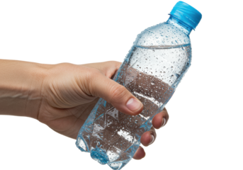 a lightly tanned adult hand grips a textured plastic water bottle with a cerulean cap, visible condensation on the cold surface against a white studio background, commercial macro shot, concept for