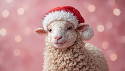 A cute sheep wearing a Santa hat against a pink background with bokeh lights. The sheep has fluffy white wool and a friendly expression.