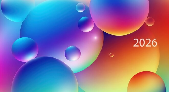 Vibrant gradient background with playful spheres and 2026 text overlay, ideal for forward-thinking presentations and modern tech designs
