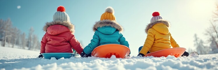 Three children in colorful winter coats and hats sled down a snowy hill. Kids have fun on a bright sunny day. Wintertime activities for happy children enjoying their holidays together.