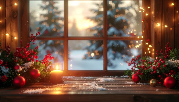 伝統的なホリデームード：赤と緑の装飾に囲まれた、ロマンチックなクリスマスの窓辺