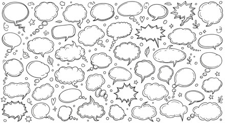 Hand drawn speech bubbles and thought bubbles in black and white illustration
