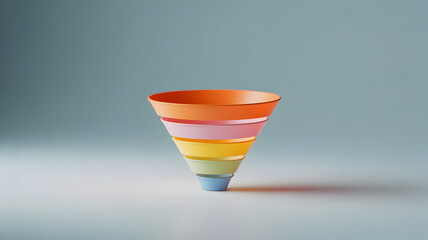 Colorful stacked plastic cups forming a funnel shape on a light blue background