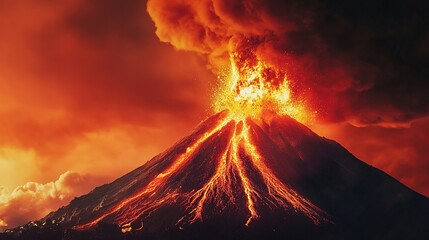 capitulating. Volcanic eruption launching rocks into a dark red sky, dramatic natural scene. travel magazines, destination branding, designed for travel destination branding, used by store managers.