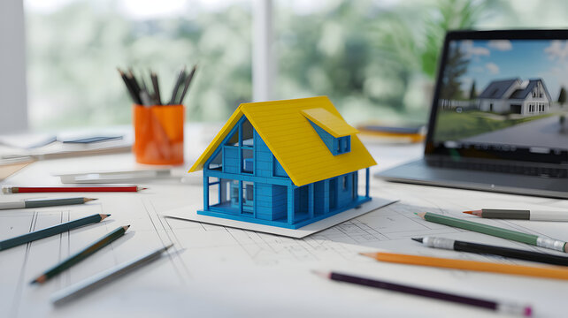 Architectural model of a blue house with a yellow roof on a desk with drafting tools - Powered by Adobe
