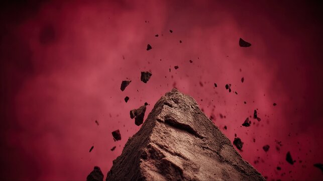 capitulating. Volcanic eruption launching rocks into a dark red sky, dramatic natural scene. travel magazines, destination branding, designed for travel destination branding, used by store managers.