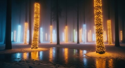 Enchanted winter forest aglow with magical fairy lights reflecting in icy puddles creating a dreamy holiday ambiance in the snowy landscape
