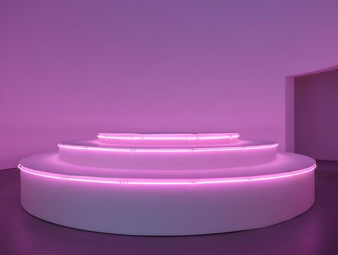Illuminated circular stage with three tiers and a soft pink glow in a minimalist setting
