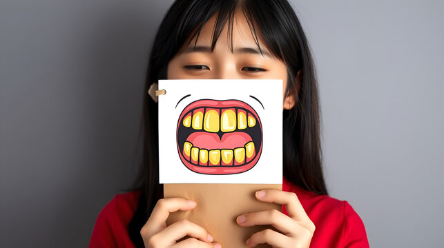 Asian woman in the red shirt holding a brown paper with the yellow teeth cartoon picture of his mouth against the gray background, Bad breath or Halitosis, The concept with healthcare gums and teeth.