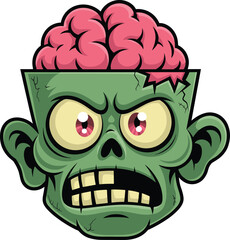 Cartoon green zombie head with exposed brain, cracked skull, creepy expression, undead horror character illustration for Halloween, mascot design, and scary artwork