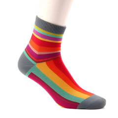 A single ankle-length sock featuring a vibrant striped pattern in multiple colors with grey accents on the cuff, heel, and toe, displayed on foot mannequin isolated on a white background