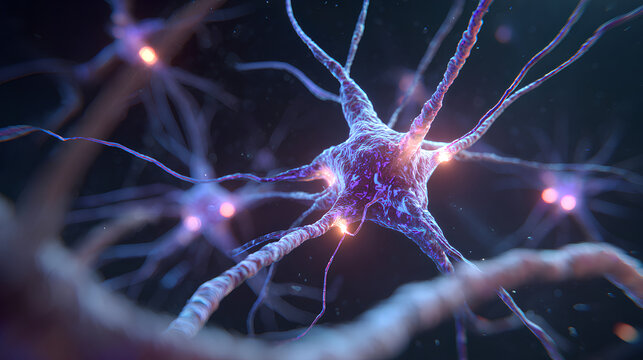 3D illustration of neurons firing electrical signals with glowing synapse connections and energy pulses across axons and dendrites in realistic neural network
