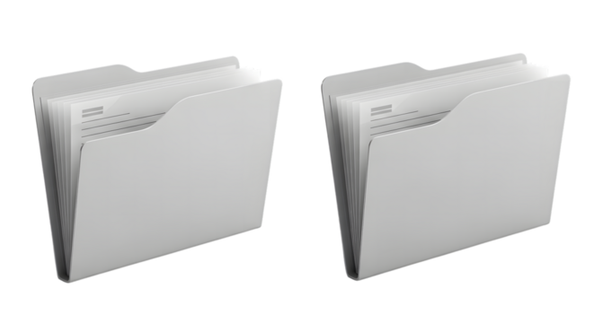 3d illustration of two white expanding file folders isolated on transparent background