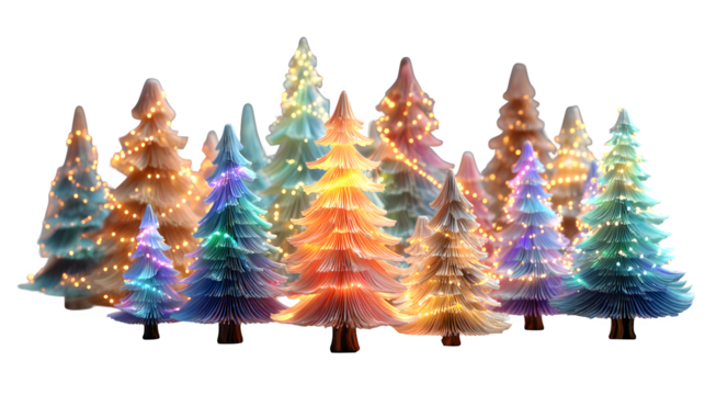 Group of miniature 3D Christmas trees with neon fairy lights and glossy texture, joyful winter holiday celebration design, isolated on white background