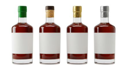 Four identical glass bottles of deep amber aged whiskey with blank labels and four unique caps (green, bronze, gold, silver) against a stark white background. Concept for product packaging mockup