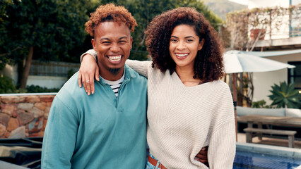 Happy, hug and portrait of couple outdoor with bonding, love and care by new home together. Smile,...