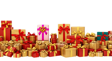 Abundant collection of festive christmas and holiday gift boxes wrapped in red and gold paper with ribbons against a black background