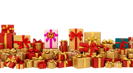 Abundant collection of festive christmas and holiday gift boxes wrapped in red and gold paper with ribbons against a black background
