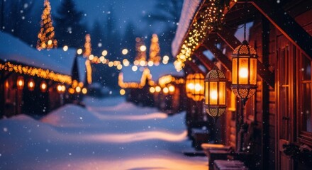 Experience the magic of a snowy winter village with glowing lanterns and festive lights, perfect for holiday promotions and cozy Christmas scenes