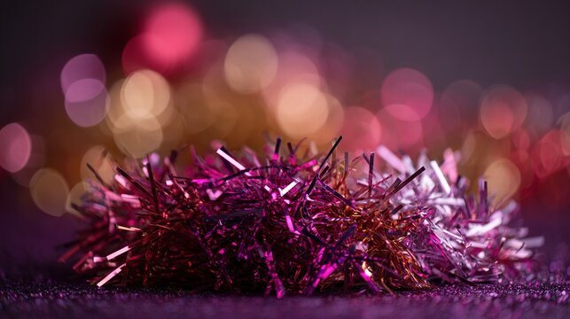 Vibrant colorful tinsel background with blurred festive lights
