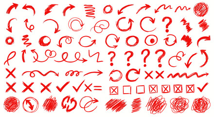 Red hand drawn arrows checkmarks crosses and scribbles collection
